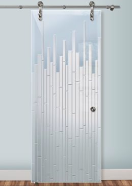 Handcrafted Etched Glass Sliding Glass Barn Door by Sans Soucie Art Glass with Custom Geometric Design Called Mosaics Creating Private