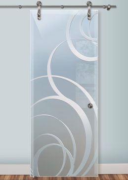 Handcrafted Etched Glass Sliding Glass Barn Door by Sans Soucie Art Glass with Custom Geometric Design Called Motion Creating Private