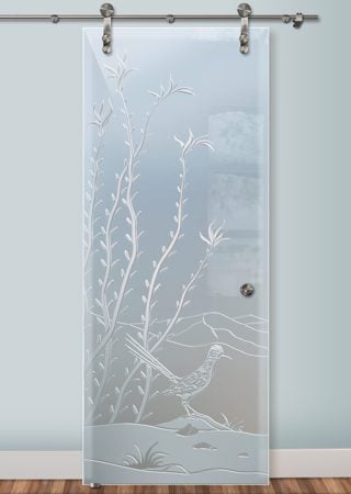 Glass Barn Door showcasing a Frosted Glass Desert Design with Sandblast Etched Glass Art by Sans Soucie Ocotillo Roadrunner Design