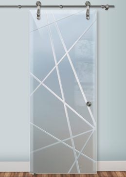 Handcrafted Etched Glass Sliding Glass Barn Door by Sans Soucie Art Glass with Custom Geometric Design Called Pick Up Creating Private