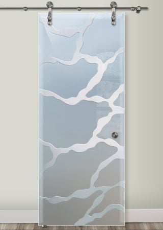 Glass Barn Door featuring a Frosted Glass Abstract Design Sandblast Etched Glass Rivulet Design by Sans Soucie