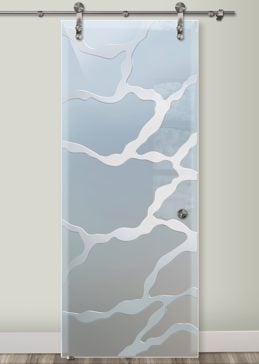 Handmade Sandblasted Frosted Glass Sliding Glass Barn Door for Private Featuring a Abstract Design Rivulet by Sans Soucie