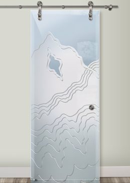 Private Sliding Glass Barn Door with Sandblast Etched Glass Art by Sans Soucie Featuring Rugged Retreat Abstract Design