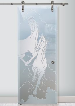Handcrafted Etched Glass Sliding Glass Barn Door by Sans Soucie Art Glass with Custom Western Design Called Stallions Creating Private