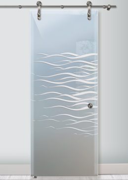 Private Sliding Glass Barn Door with Sandblast Etched Glass Art by Sans Soucie Featuring Streaming Wave Tips Geometric Design