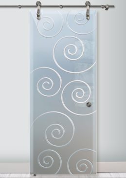 Sliding Glass Barn Door with a Frosted Glass Swirls Geometric Design for Private by Sans Soucie Art Glass
