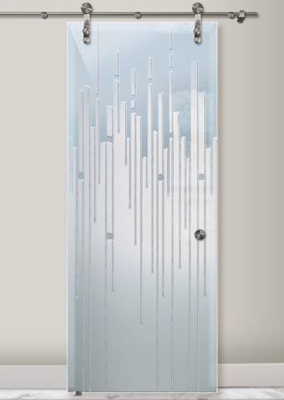 Glass Barn Door showcasing a Frosted Glass Geometric Design with Sandblast Etched Glass Art by Sans Soucie Trickle Design