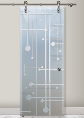 Glass Barn Door with a sandblast Frosted Glass Geometric Design Custom-Designed Decorative Etched Glass