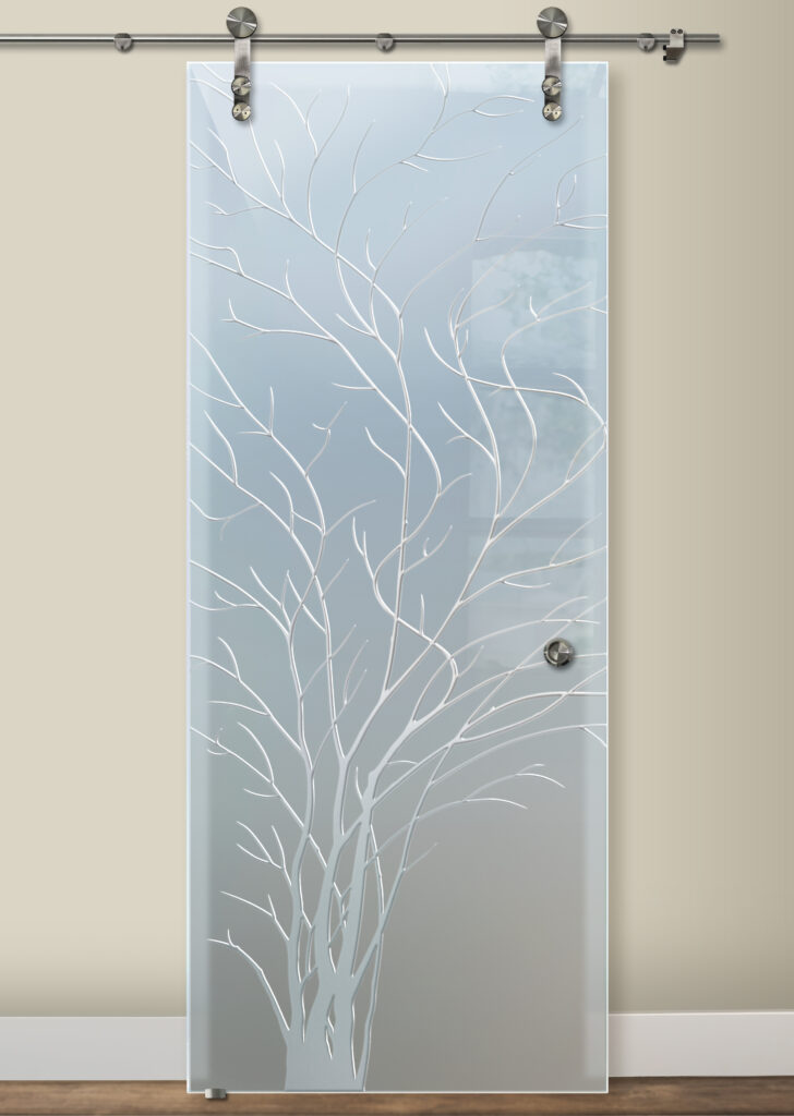 Beautiful design idea Wispy Tree 3D design barn door with glass - Sans Soucie Art Glass