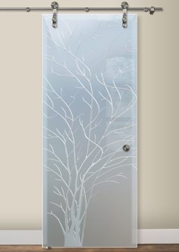 Art Glass Glass Barn Door Featuring Sandblast Frosted Glass by Sans Soucie for Semi-Private with Tree Wispy Tree Design
