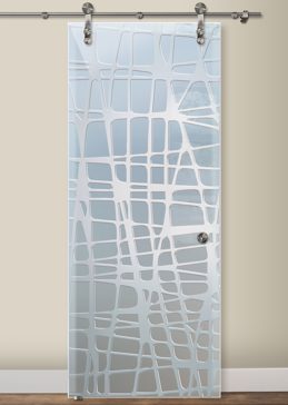 Handcrafted Etched Glass Sliding Glass Barn Door by Sans Soucie Art Glass with Custom Geometric Design Called Woven Creating Private