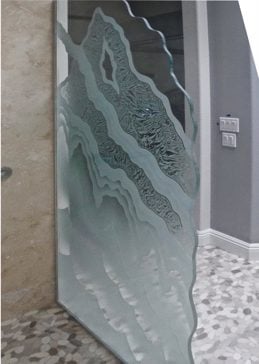 Semi-Private Shower Panel with Sandblast Etched Glass Art by Sans Soucie Featuring Rugged Retreat Abstract Design