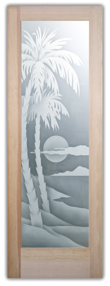 Palm Sunset Private 2D Frosted Glass Finish Beach Decor Glass Interior Doors Sans Soucie