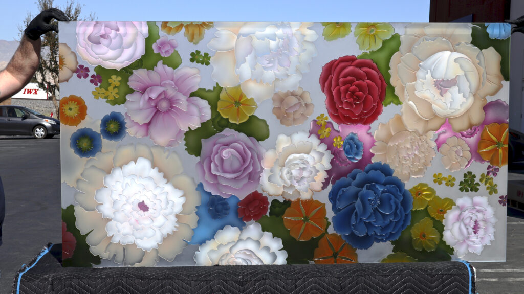 Etched glass panel with stunning floral design