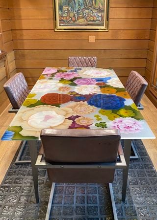 Glass Dining Table featuring Frosted Glass Design Etched Glass by Sans Soucie Art Glass with Custom Floral Design Stunning Flowers