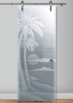 Handcrafted Etched Glass Glass Barn Door by Sans Soucie Art Glass with Custom Palm Trees Design Called Palm Sunset Creating Semi-Private