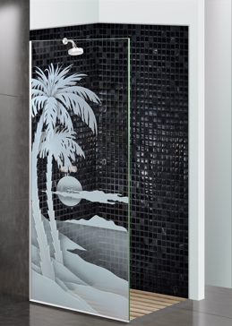 Handcrafted Etched Glass Shower Partition by Sans Soucie Art Glass with Custom Palm Trees Design Called Palm Sunset Creating Not Private