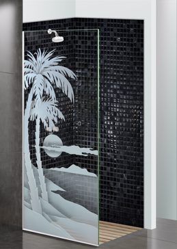 Handcrafted Etched Glass Shower Partition by Sans Soucie Art Glass with Custom Palm Trees Design Called Palm Sunset Creating Semi-Private