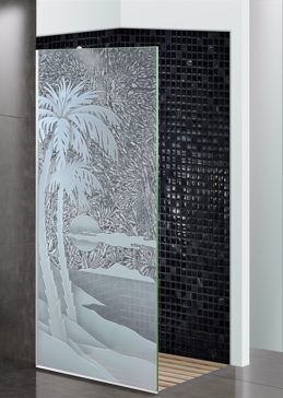 Handcrafted Etched Glass Shower Panel by Sans Soucie Art Glass with Custom Palm Trees Design Called Palm Sunset Creating Semi-Private