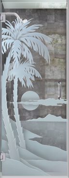 Handcrafted Etched Glass Shower Door by Sans Soucie Art Glass with Custom Palm Trees Design Called Palm Sunset Creating Semi-Private