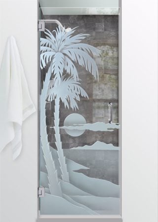 Shower Door featuring Frosted Glass Design Etched Glass by Sans Soucie Art Glass with Custom Palm Trees Design Palm Sunset