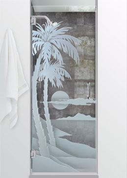 Handcrafted Etched Glass Shower Door by Sans Soucie Art Glass with Custom Palm Trees Design Called Palm Sunset Creating Not Private