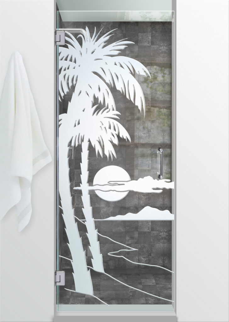 Palm Sunset Not Private 3D Clear Glass Finish Shower Door Sans Soucie