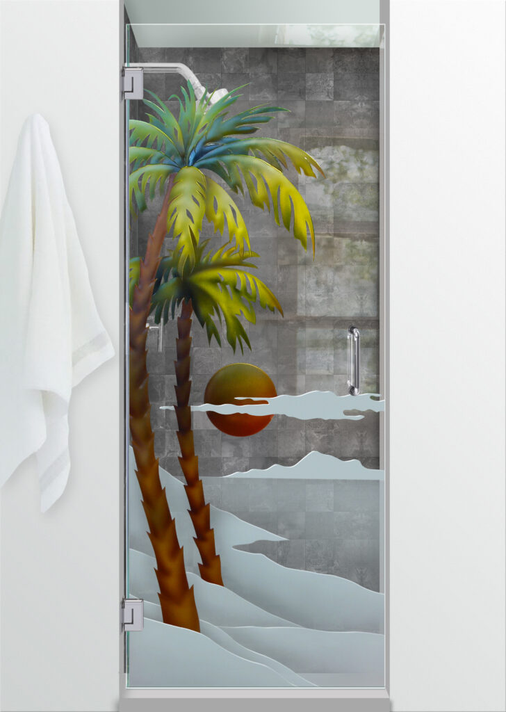 Custom painted and frosted glass shower door with palm tree sunset design, unique glass shower door idea for bathroom remodels