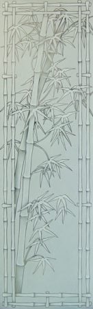 Door Glass Insert featuring Frosted Glass Design Etched Glass by Sans Soucie Art Glass with Custom Asian Design Bamboo Shoots Bordered