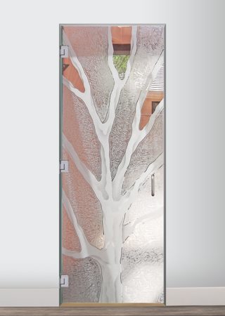 Interior Glass Door showcasing a Frosted Glass Tree Design with Sandblast Etched Glass Art by Sans Soucie Barren Branches Design