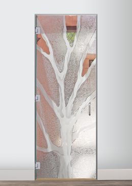 Semi-Private Interior Glass Door with Sandblast Etched Glass Art by Sans Soucie Featuring Barren Branches Trees Design