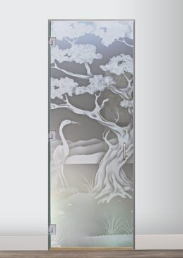 Private Interior Glass Door with Sandblast Etched Glass Art by Sans Soucie Featuring Bonsai Egret Asian Design