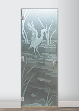Private Interior Glass Door with Sandblast Etched Glass Art by Sans Soucie Featuring Cranes A Wildlife Design