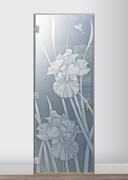 Handmade Sandblasted Frosted Glass Interior Glass Door for Private Featuring a Floral Design Iris Hummingbird II by Sans Soucie
