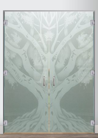 Interior Glass Door showcasing a Frosted Glass Tree Design with Sandblast Etched Glass Art by Sans Soucie Oak Tree II Design