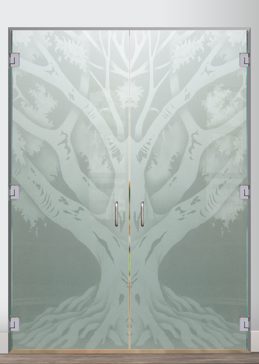 Private Interior Glass Door with Sandblast Etched Glass Art by Sans Soucie Featuring Oak Tree II Trees Design