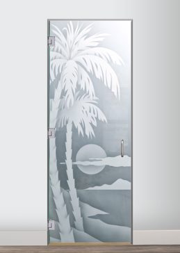 Handcrafted Etched Glass Interior Glass Door by Sans Soucie Art Glass with Custom Palm Trees Design Called Palm Sunset Creating Semi-Private