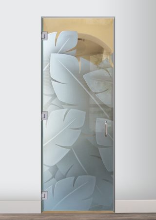 Shower Door featuring a Frosted Glass Tropical Design Sandblast Etched Glass Banana Leaves Design by Sans Soucie