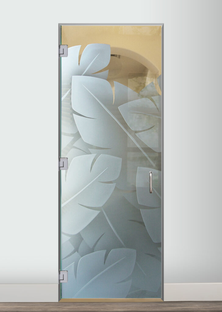 Carved glass shower door with decorative design Banana Leaves Semi-Private 3D Carved and Shaded