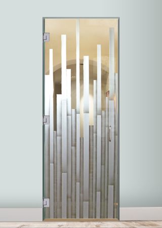 Interior Glass Door featuring Frosted Glass Design Etched Glass by Sans Soucie Art Glass with Custom Geometric Design Mosaics