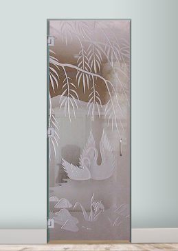 Handmade Sandblasted Frosted Glass Interior Glass Door for Semi-Private Featuring a Wildlife Design Swan Song by Sans Soucie
