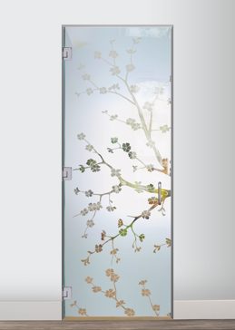 Handcrafted Etched Glass Interior Glass Door by Sans Soucie Art Glass with Custom Asian Design Called Cherry Blossom II Creating Semi-Private