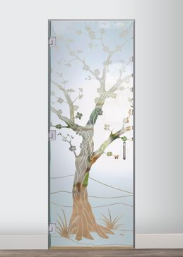 Handcrafted Etched Glass Interior Glass Door by Sans Soucie Art Glass with Custom Asian Design Called Cherry Blossom III Creating Semi-Private