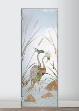 Semi-Private Interior Glass Door with Sandblast Etched Glass Art by Sans Soucie Featuring Cranes & Cattails Wildlife Design