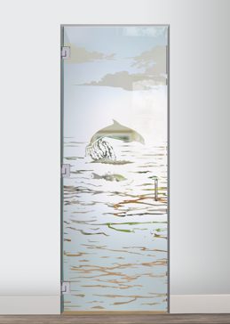 Handcrafted Etched Glass Interior Glass Door by Sans Soucie Art Glass with Custom Oceanic Design Called Dolphins in the Shimmer Creating Semi-Private