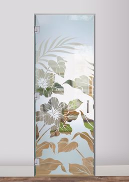 Handmade Sandblasted Frosted Glass Interior Glass Door for Semi-Private Featuring a Tropical Design Hibiscus Anthurium by Sans Soucie