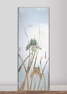 Handmade Sandblasted Frosted Glass Interior Glass Door for Semi-Private Featuring a Floral Design Iris Hummingbird by Sans Soucie