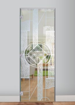 Handmade Sandblasted Frosted Glass Interior Glass Door for Semi-Private Featuring a Abstract Design Matrix Chardonnay by Sans Soucie
