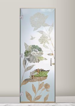 Semi-Private Interior Glass Door with Sandblast Etched Glass Art by Sans Soucie Featuring Peonies Floral Design