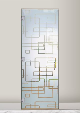 Interior Glass Door showcasing a Frosted Glass Geometric Design with Sandblast Etched Glass Art by Sans Soucie Soft Squares Design